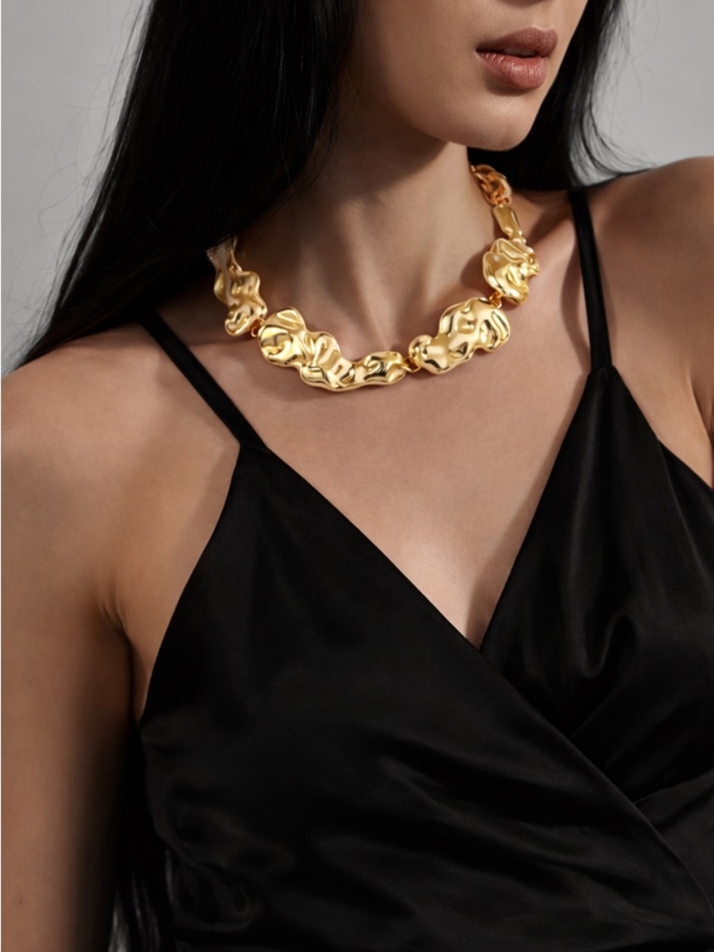 14K Gold Plated Chunky Nugget Link Choker Necklace Gold Molten Chain 14-17” Lux